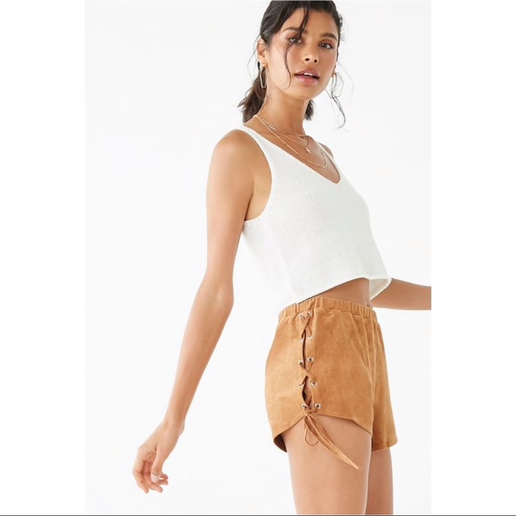 Camel Faux Suede Lace-Up Shorts - Picture 2 of 5